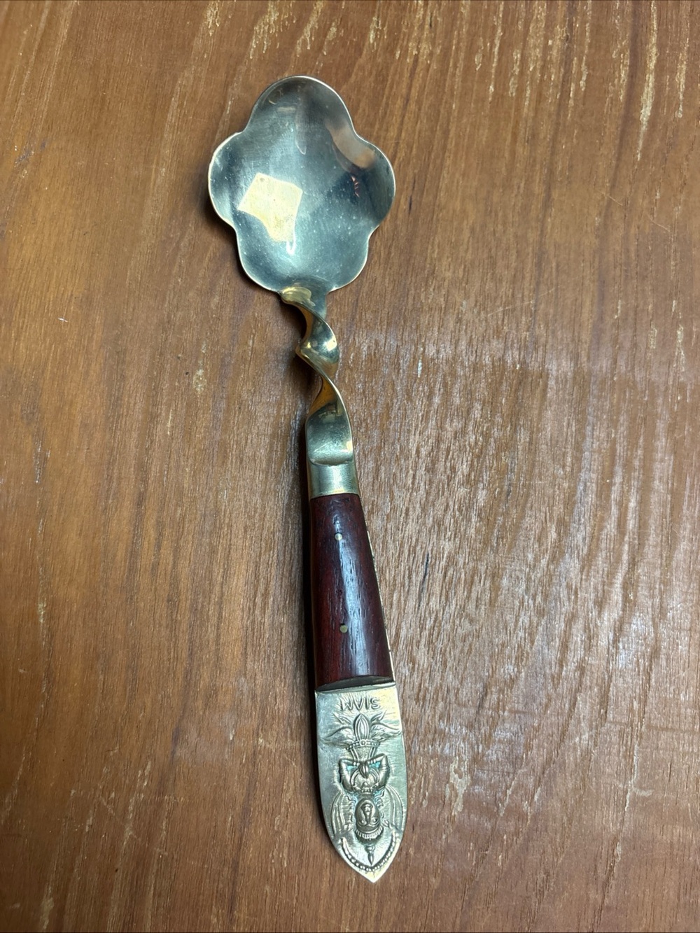 Vintage Siam Thailand Serving Spoon Jelly Silverware Brass Wood Handle Flatware